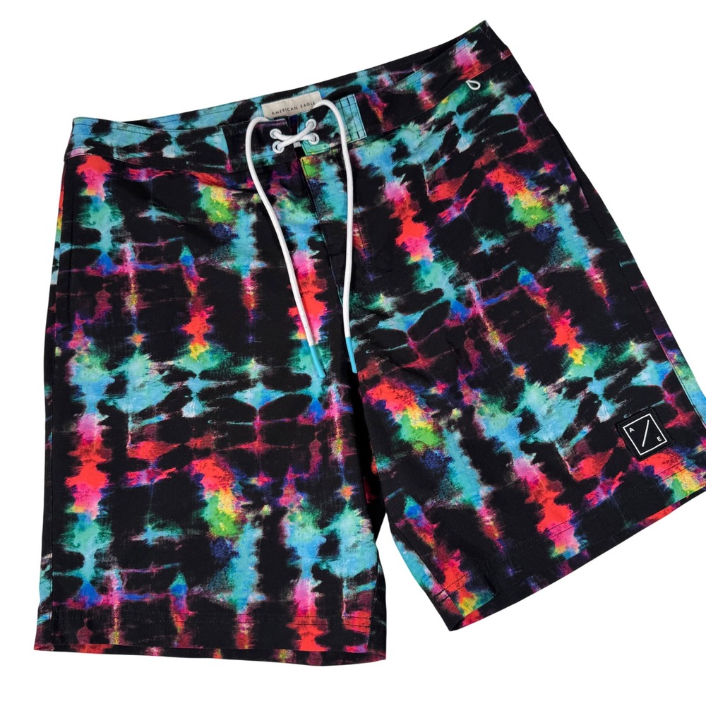 American Eagle Black Tie‎ Dye Board Shorts Swim Trunks Mens Large 10" Inseam